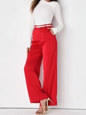 Lulu's Modern Approach Red Satin Wide-Leg Pants - Size S